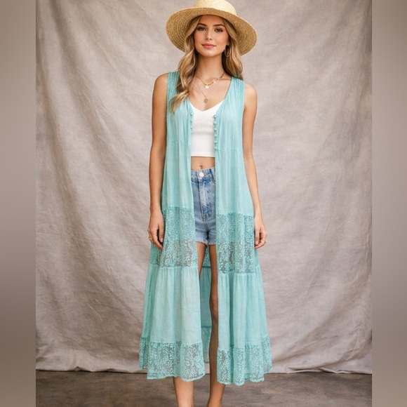 POL Other - POL Aqua Blue Lace Boho Duster Vest Sleeveless Cardigan Size S NWOT